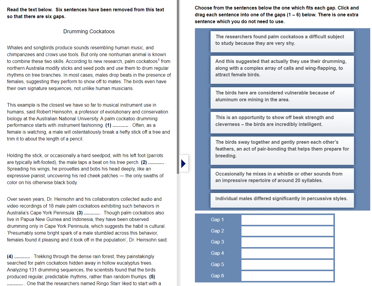OC Reading Test breakdown