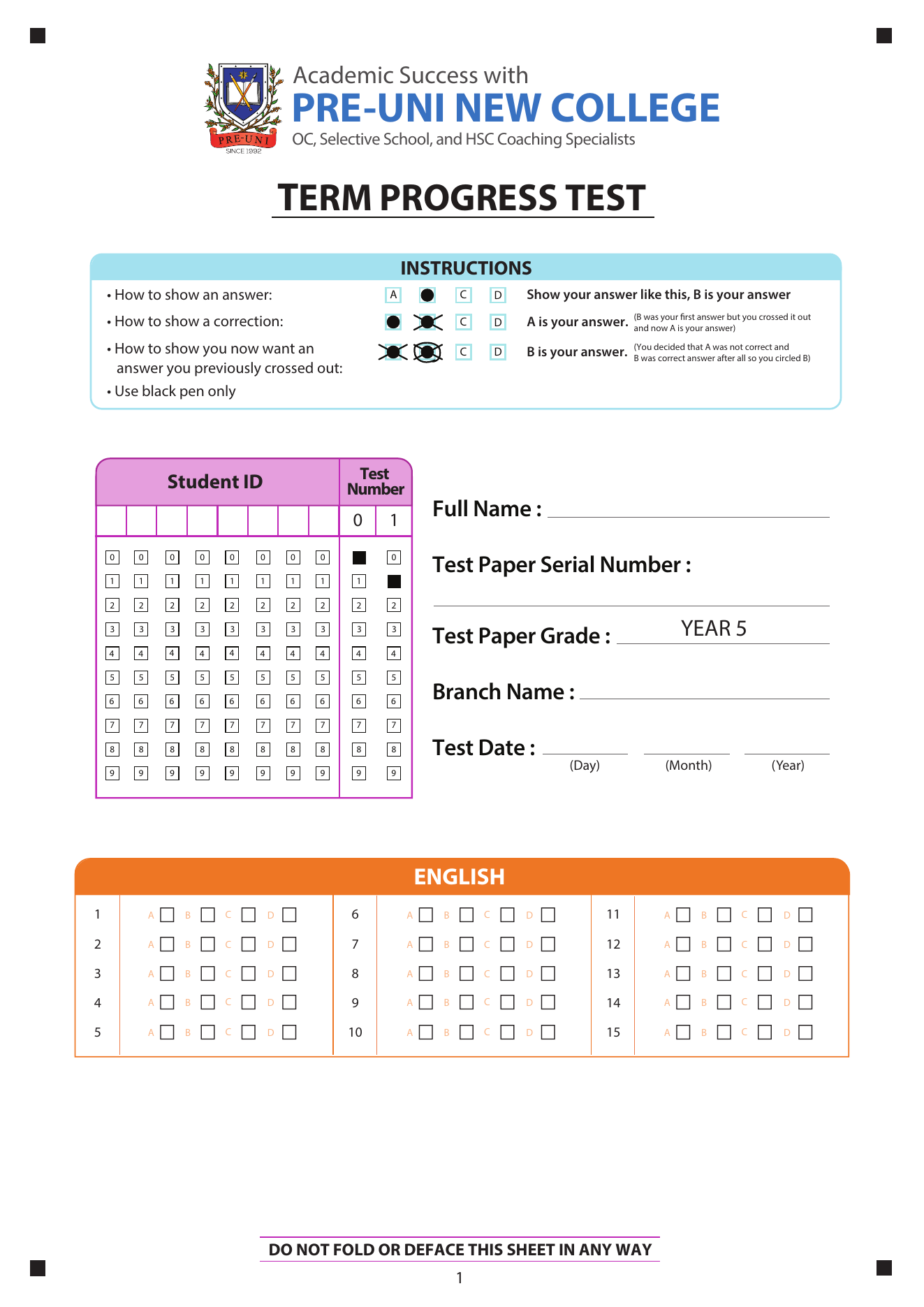 Year 5 answer sheet preview