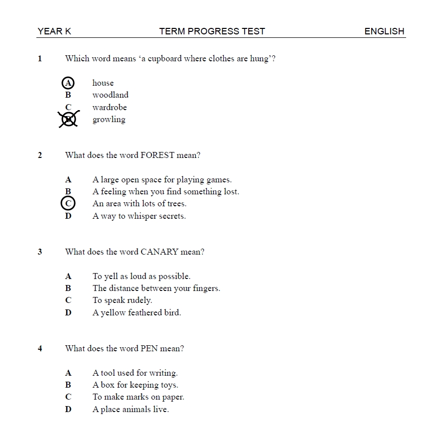 Kindy test paper marking example